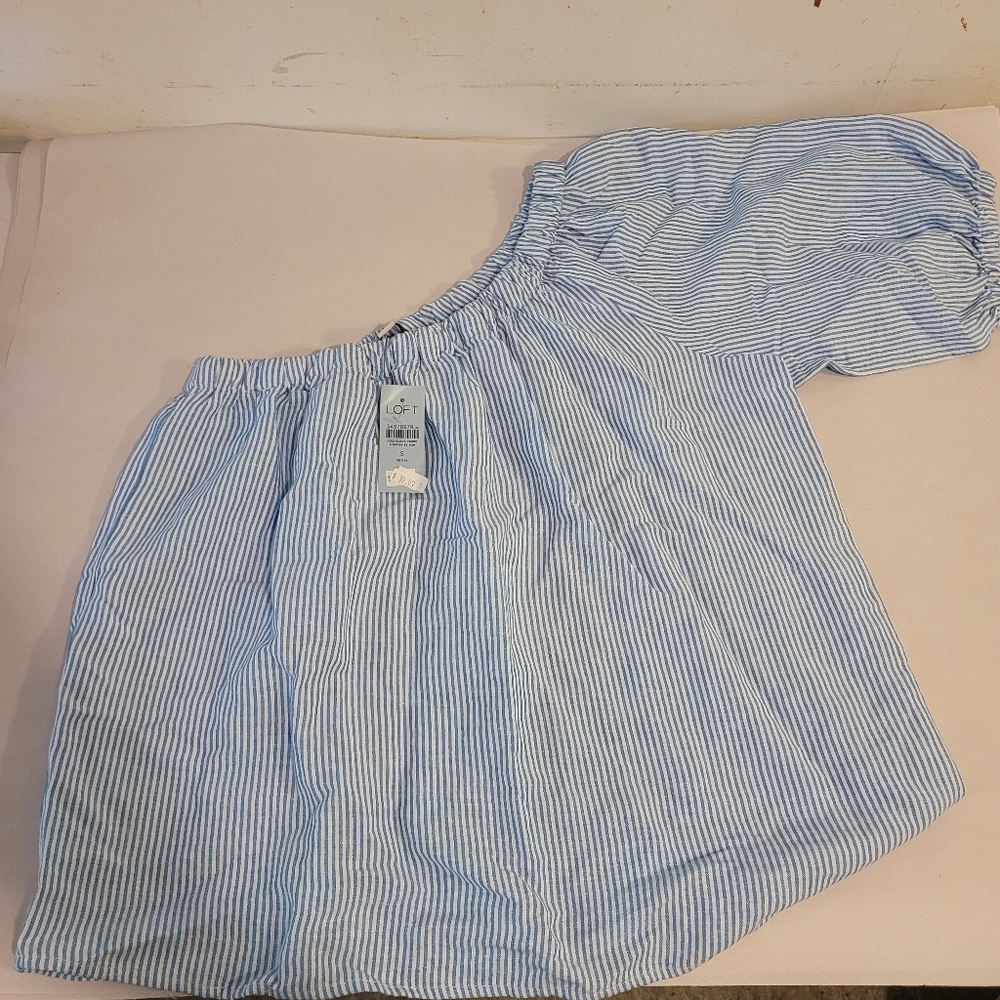 LOFT Blue and White Linen Striped One Sleeve Top Size Small Petite NWT